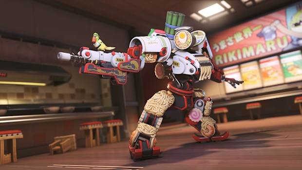 Overwatch 2's Bastion, sporting a unique ramen-themed skin from Season 9